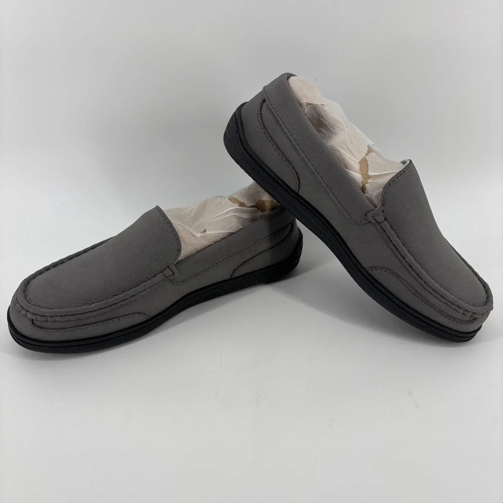 MyPillow MySlippers Loafer Men 9 Gray Leather Moccasin Toe In/Outdoor Driving